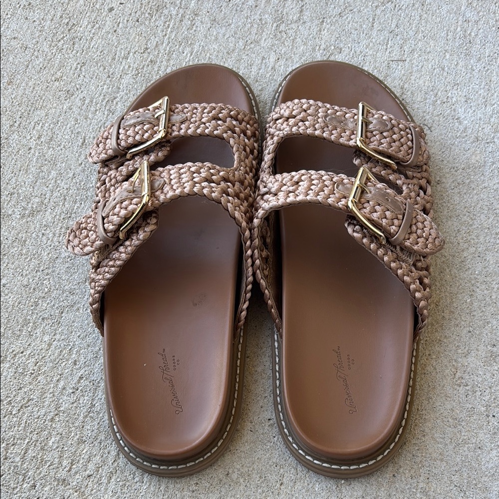 Brown Braided Sandals with Gold Buckles